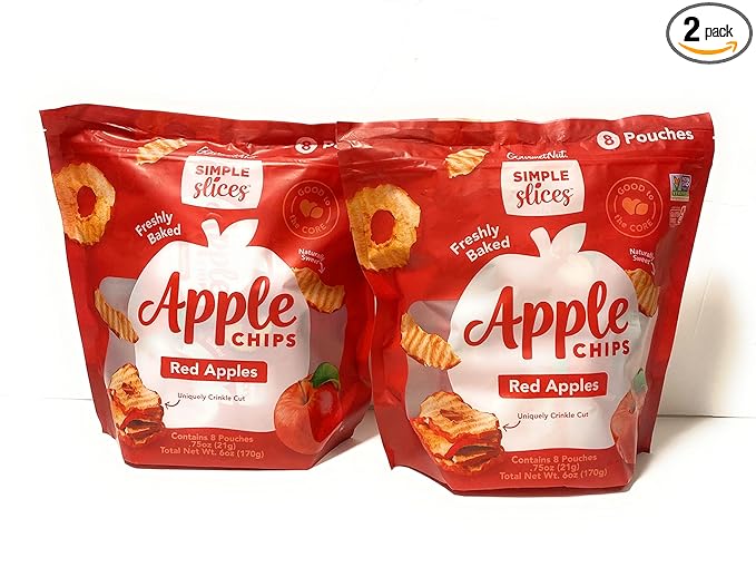 Gourmet Apple Chips Simple Slice Red Apples Freshly Baked Uniquely Crinkle Cut Naturally Sweet Non GMO Gluten Free 2 Pack (8 individual Pouches) On The Go Snack