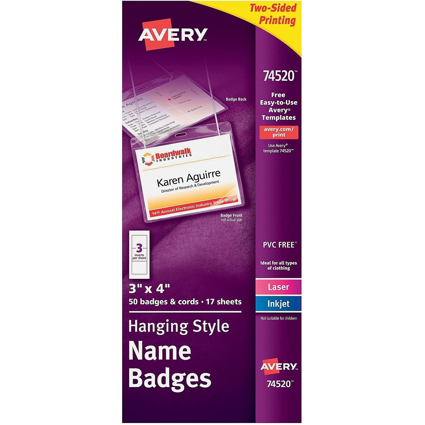 Avery Hanging Style Name Badge Holders with Inserts, 3 x 4, 50/Box (AVE74520)
