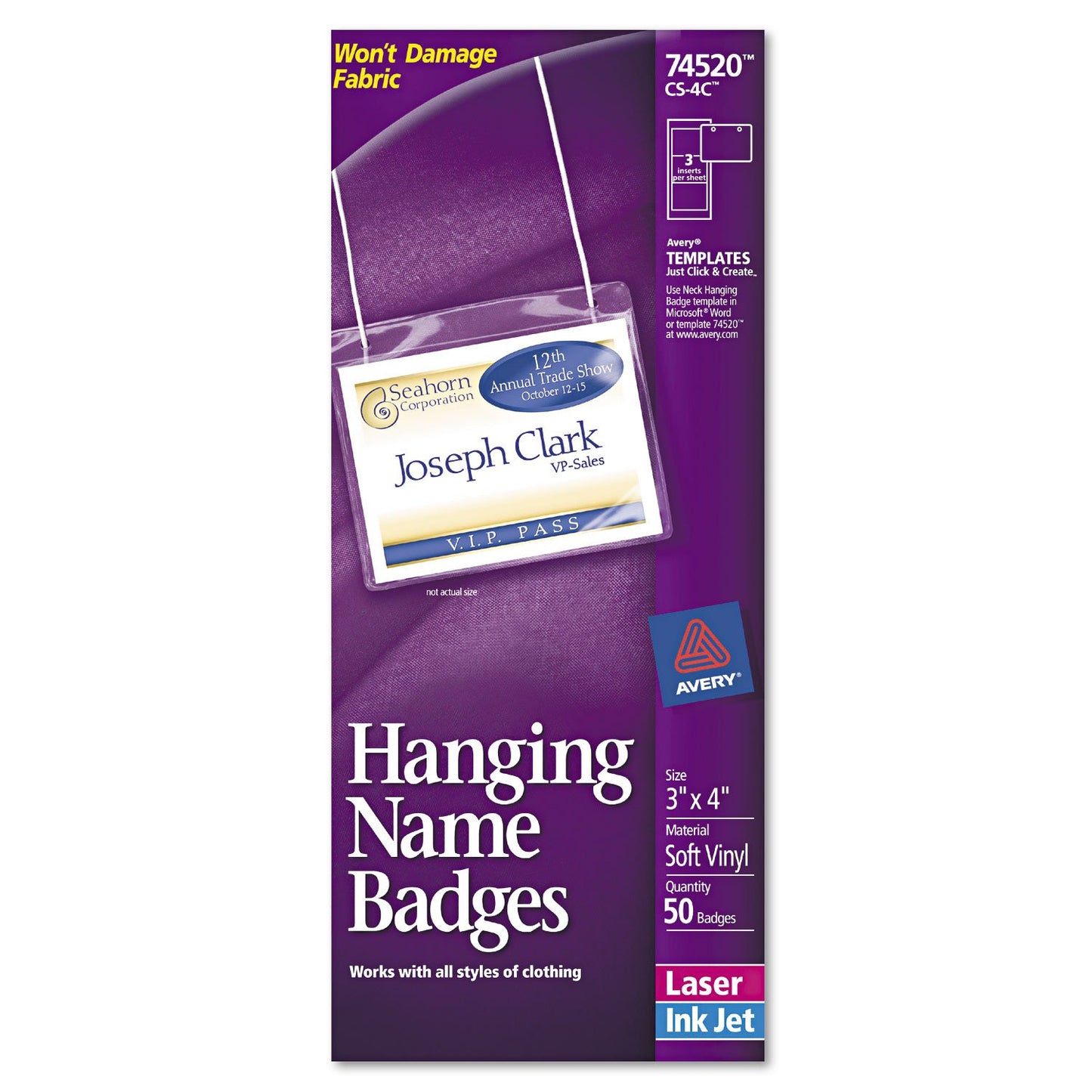 Avery Hanging Style Name Badge Holders with Inserts, 3 x 4, 50/Box (AVE74520)